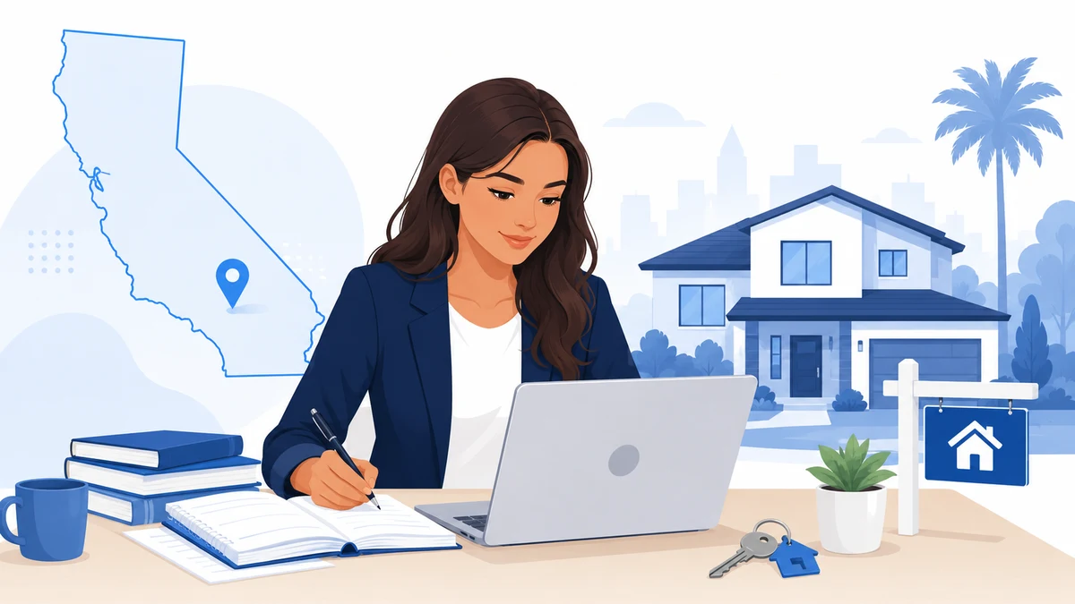 California real estate salesperson studying for the DRE license exam with a house, keys, and California map