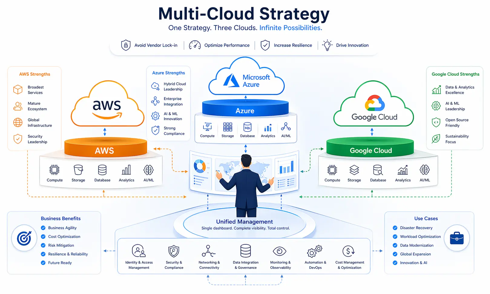 Multi-cloud strategy illustration showing integration of AWS, Azure, and Google Cloud