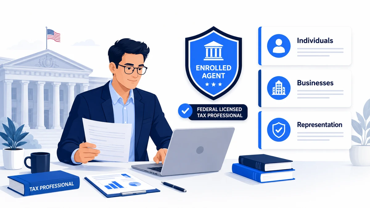 IRS enrolled agent credential path showing a tax professional and the three parts of the Special Enrollment Examination