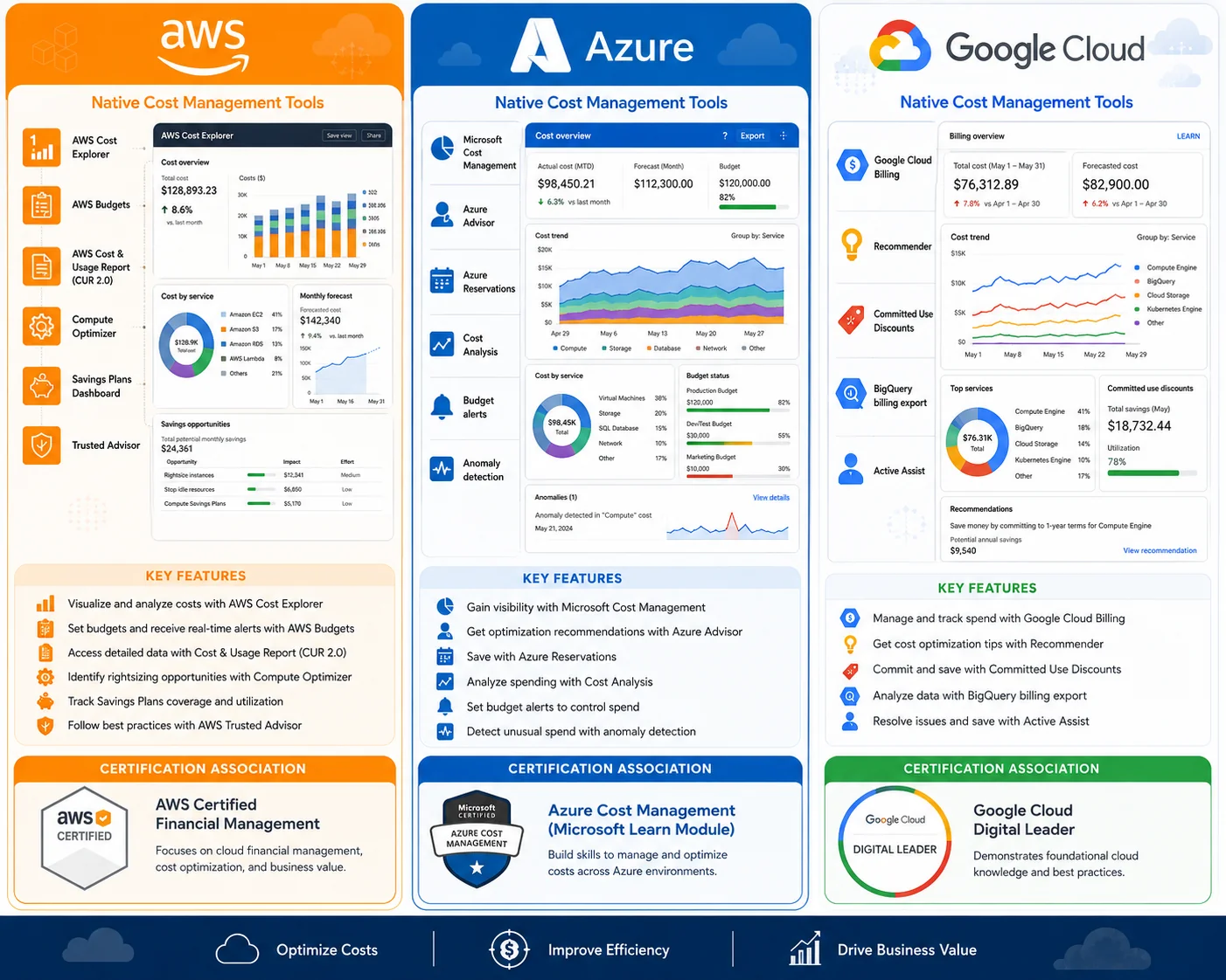 Comparison of native FinOps and cost management tools across AWS, Azure, and Google Cloud
