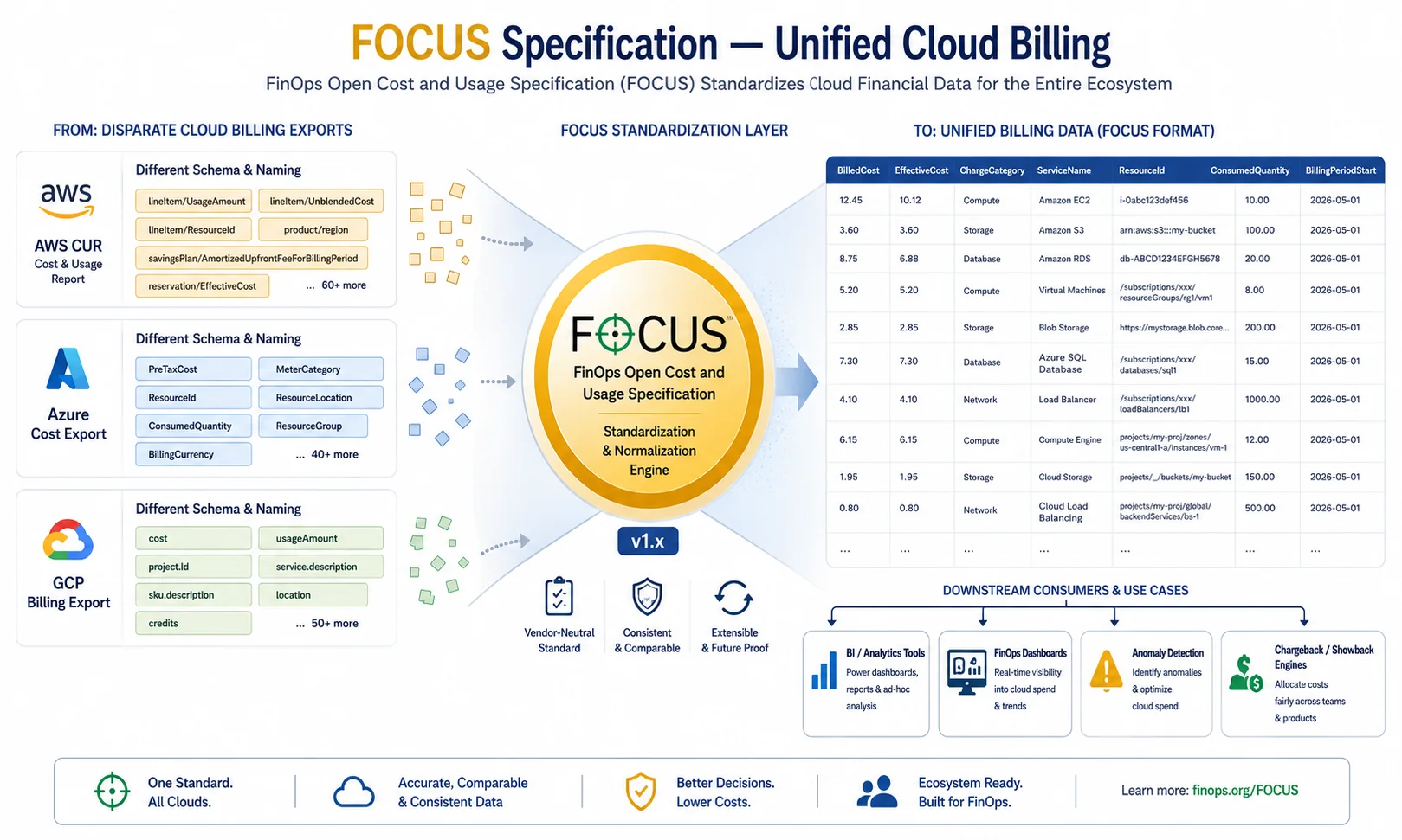 FOCUS specification architecture showing how AWS, Azure, and GCP billing data is normalized into a unified schema