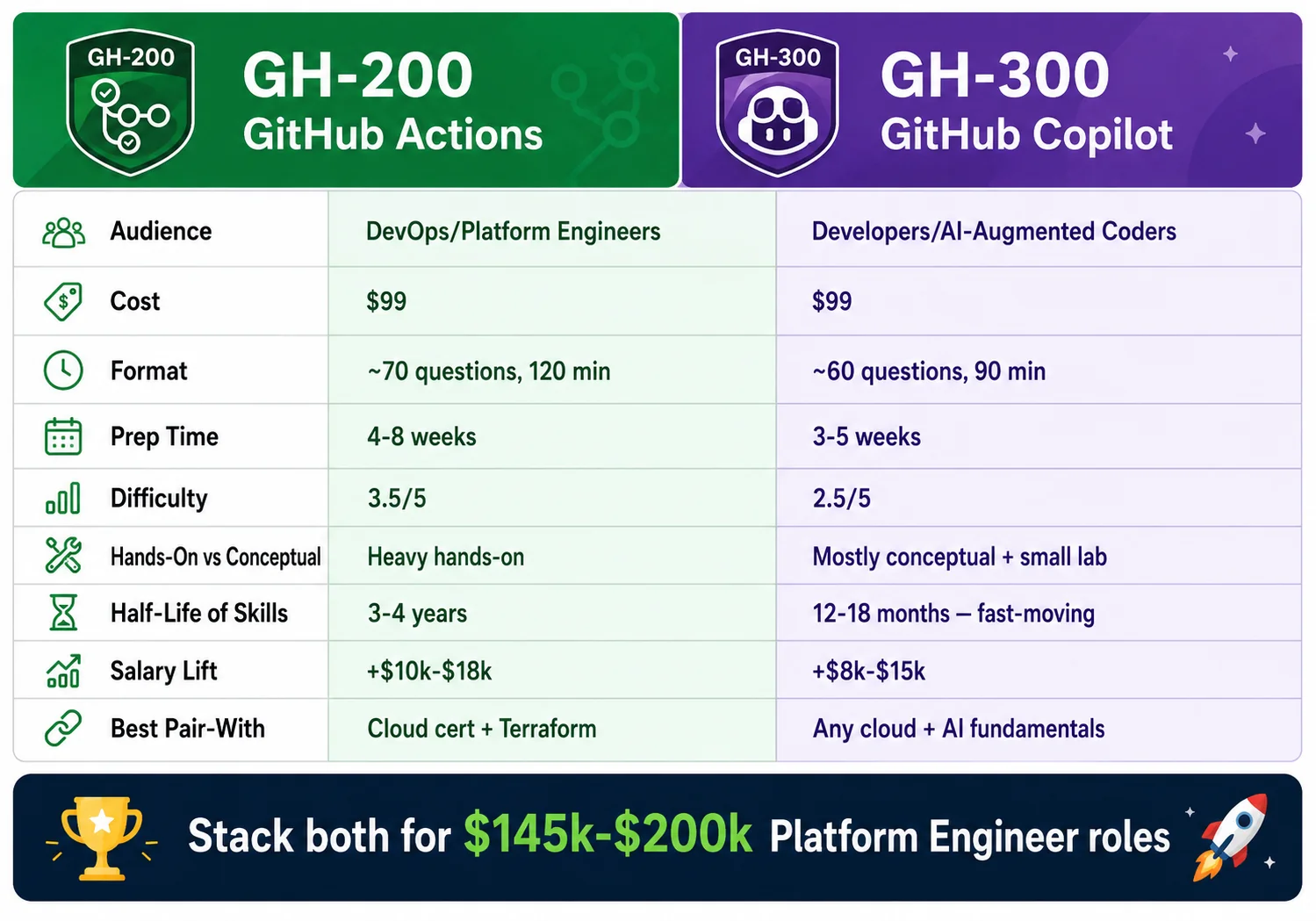 Side-by-side comparison of GH-200 GitHub Actions and GH-300 GitHub Copilot certifications