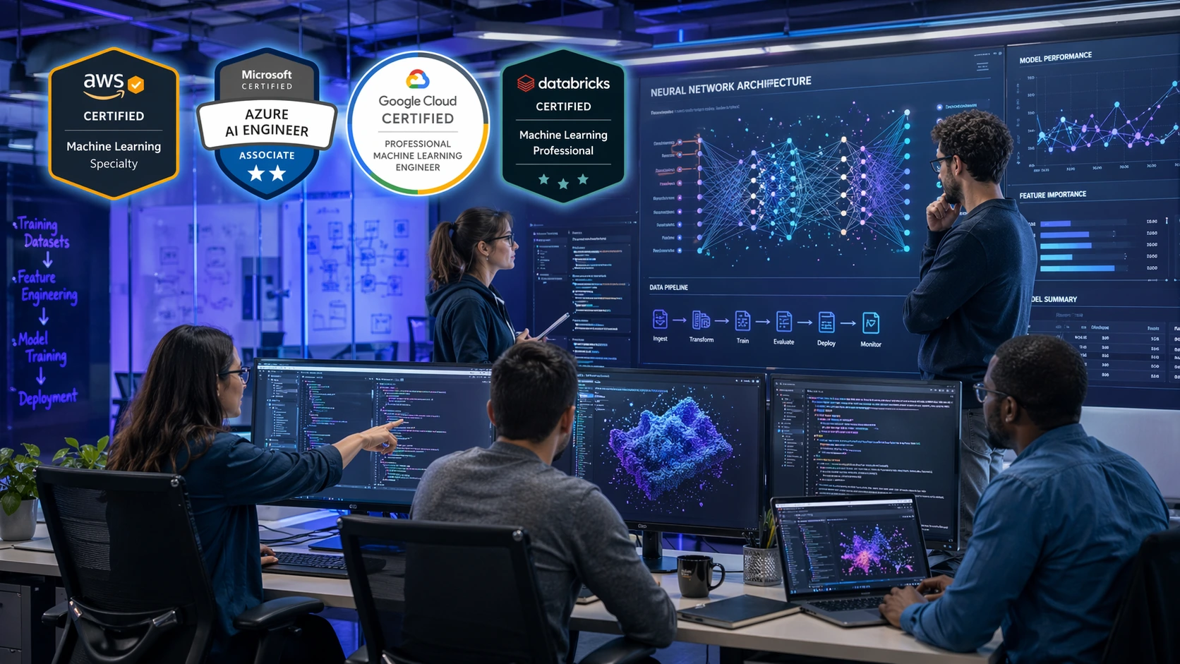 Machine learning certification landscape showing data scientists working with ML models and certification badges